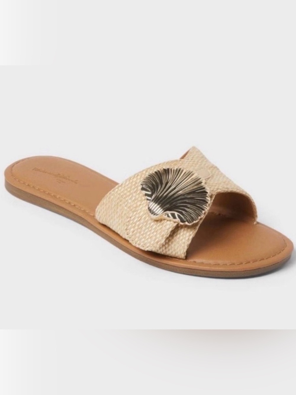 NEW Woman’s Universal Thread Natural Woven Slide Sandal with Shell Detail Size 9